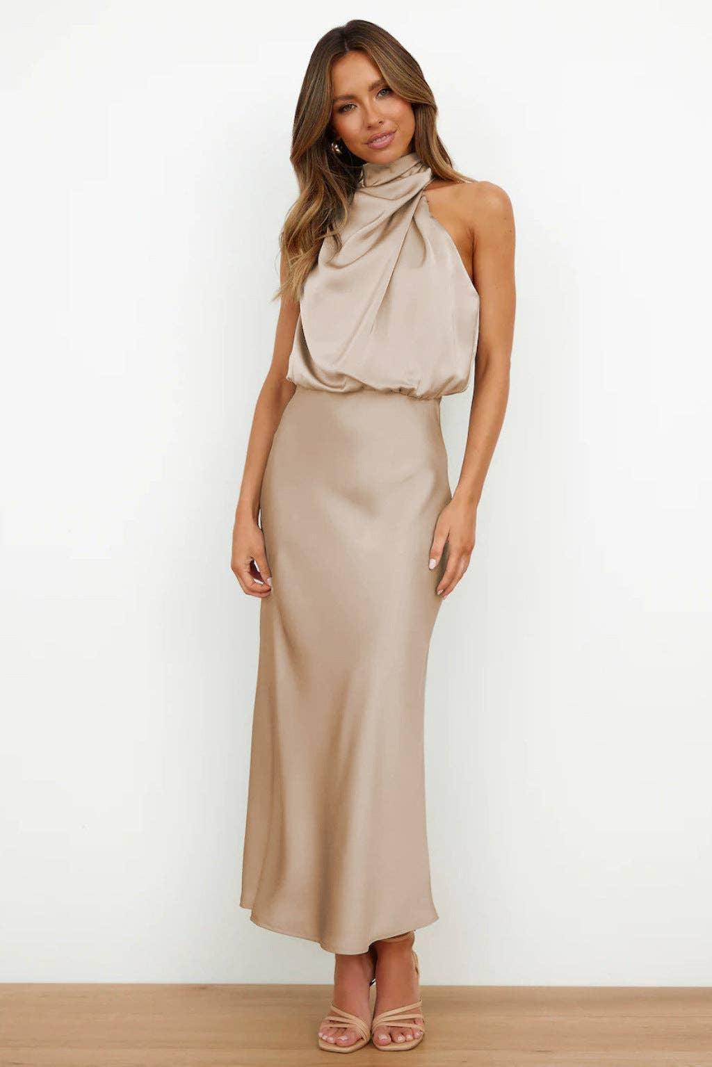 Ladies Eleganr Sleeveless Satin Midi Dress GQQT - SWEETKAMA