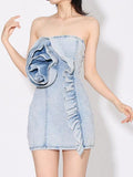 Ladies Elegant Denim Washed 3D Rose Mini Dress SKX5203 - SWEETKAMA