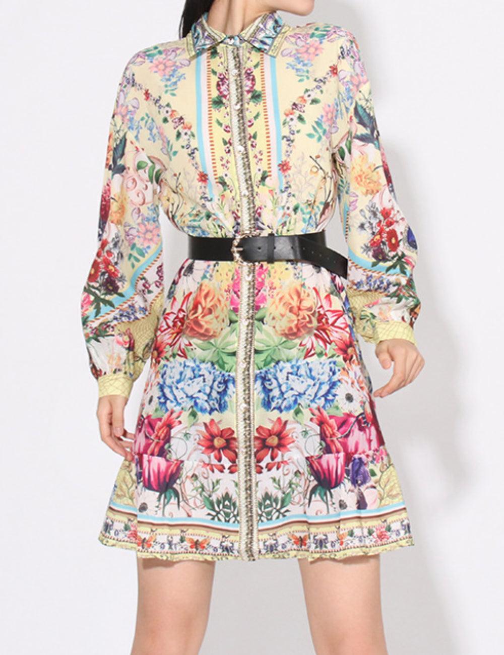 Ladies Elegant Floral Print Botton Mini Dress SKX7891 - SWEETKAMA