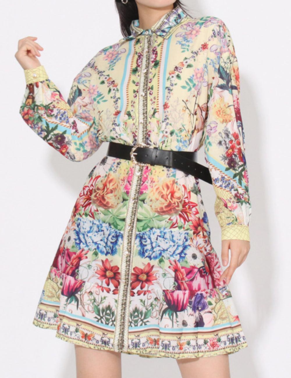 Ladies Elegant Floral Print Botton Mini Dress SKX7891 - SWEETKAMA