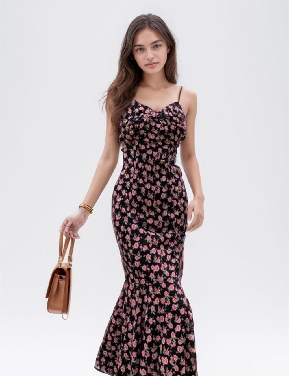 Ladies Elegant Floral Print String Shoulder Midi Dress DM997 - SWEETKAMA