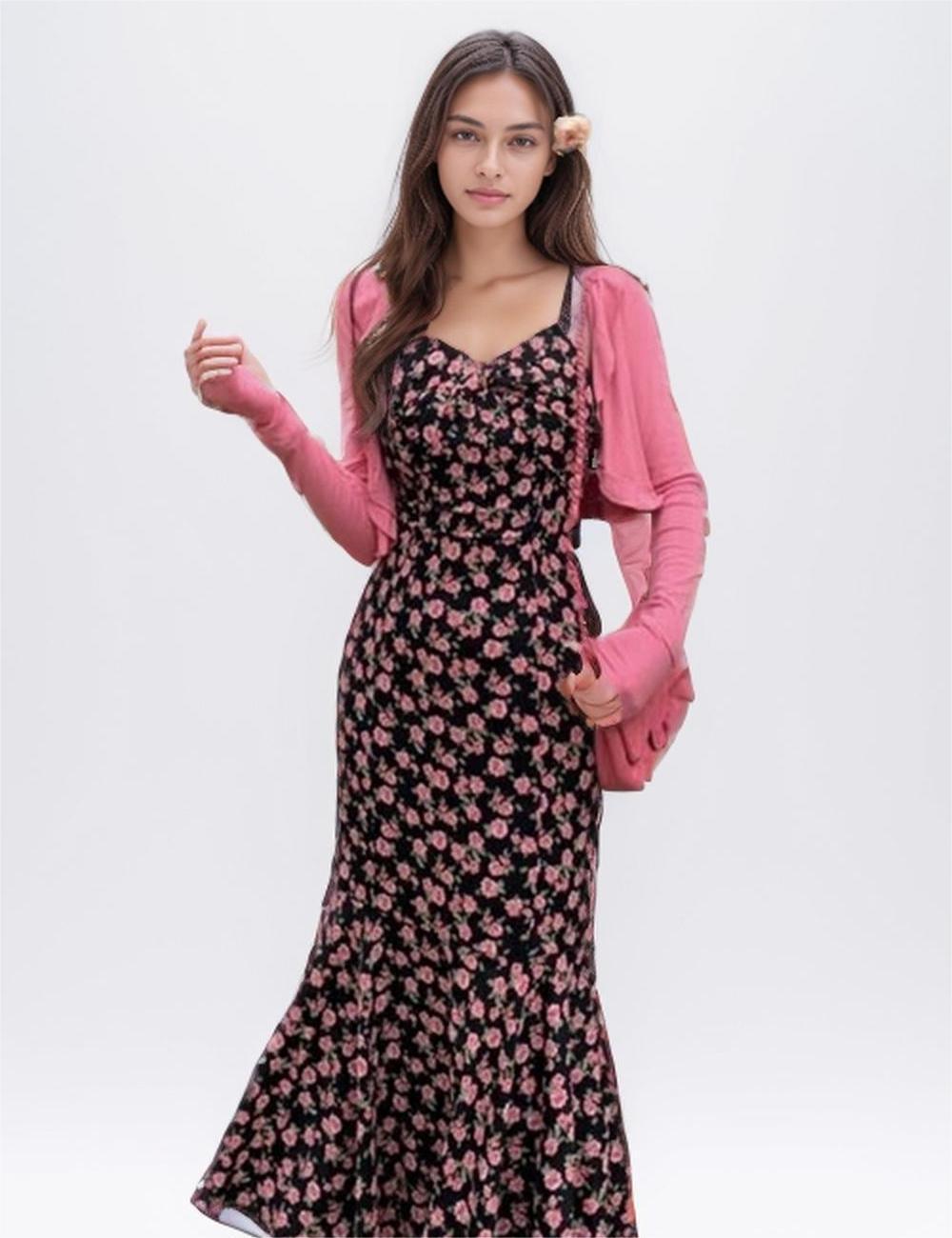 Ladies Elegant Floral Print String Shoulder Midi Dress DM997 - SWEETKAMA