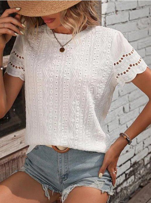 Ladies Eyelet Short Sleeves Round Neck Daily Blouse SK08223 - SWEETKAMA