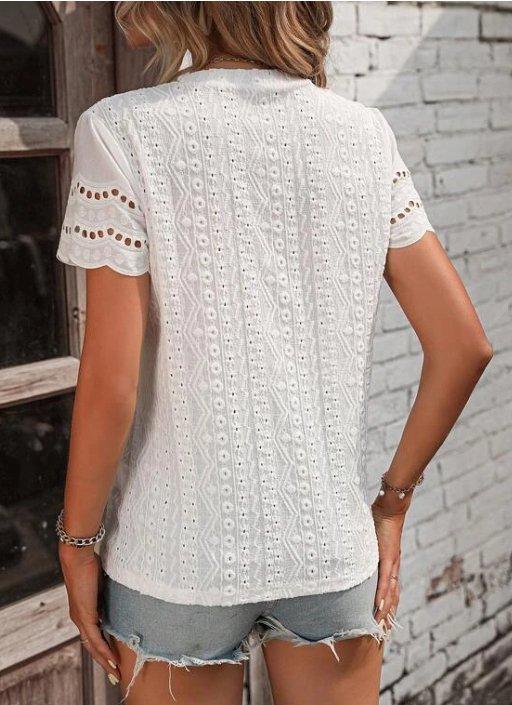 Ladies Eyelet Short Sleeves Round Neck Daily Blouse SK08223 - SWEETKAMA