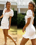 Ladies Eyelet White Bubble Sleeves Mini Dress AL6090 - SWEETKAMA