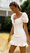 Ladies Eyelet White Bubble Sleeves Mini Dress AL6090 - SWEETKAMA