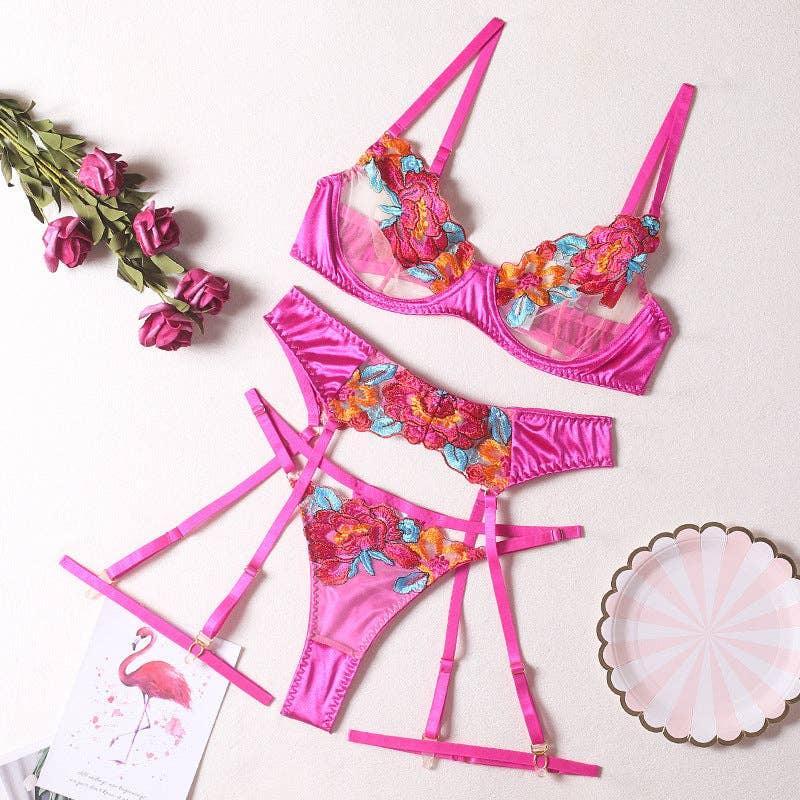 Ladies Floral Embroidery Lingerie Set with Garter Belt R1154A - SWEETKAMA