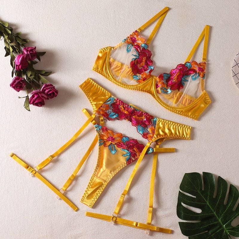 Ladies Floral Embroidery Lingerie Set with Garter Belt R1154A - SWEETKAMA