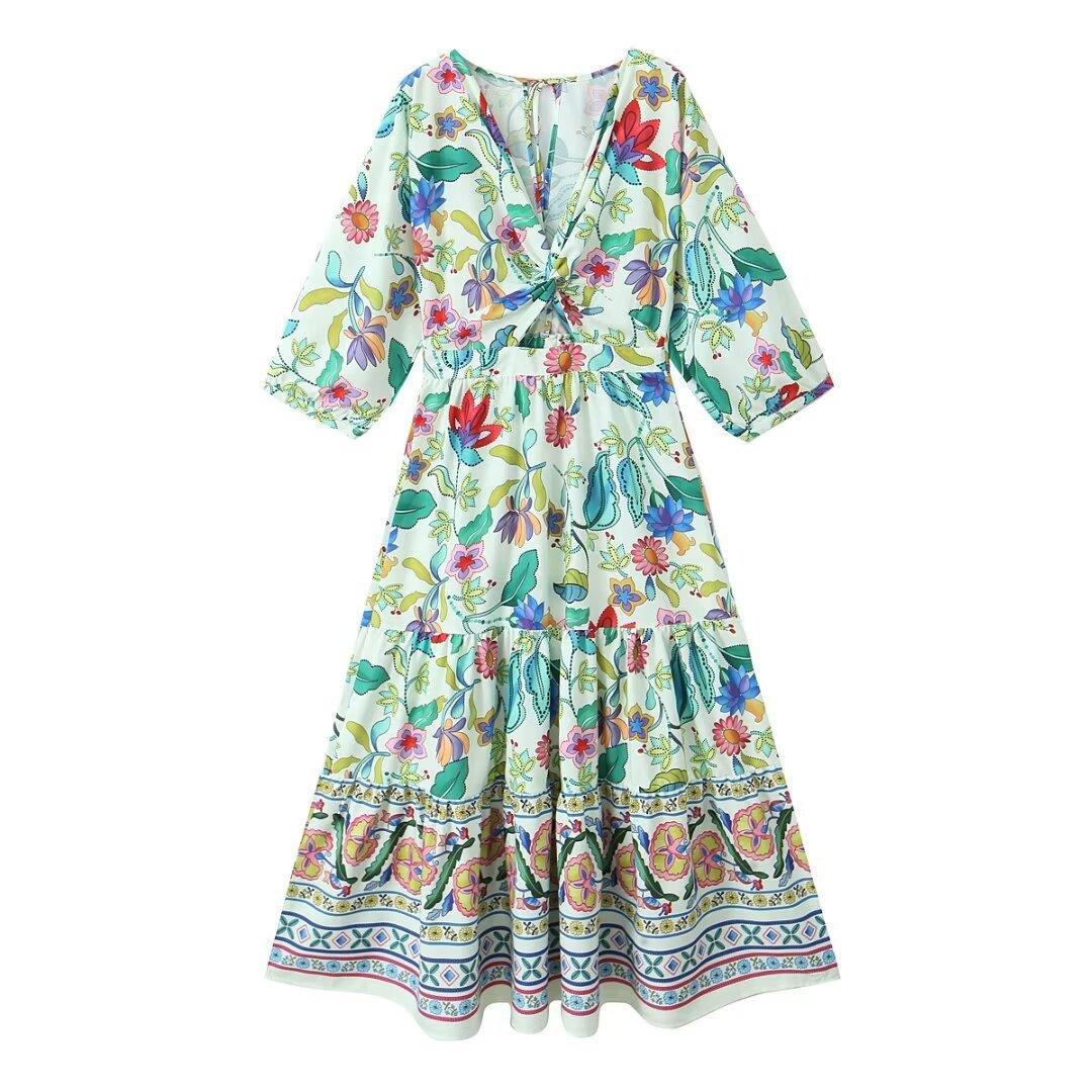 Ladies Floral Print Hollow Out Midi Dress SKX6984 - SWEETKAMA