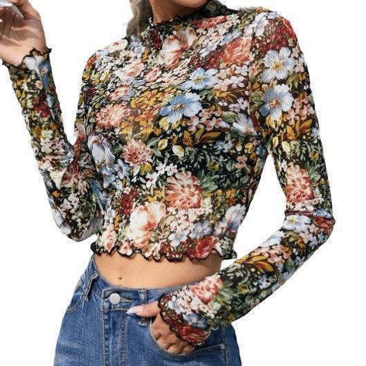 Ladies Floral Print Mesh Crop Top 68072 - SWEETKAMA