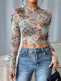 Ladies Floral Print Mesh Crop Top 68072 - SWEETKAMA