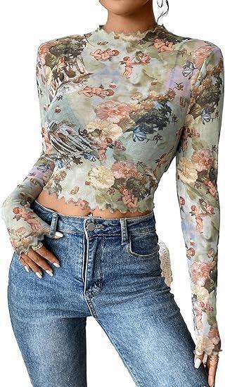 Ladies Floral Print Mesh Crop Top 68072 - SWEETKAMA