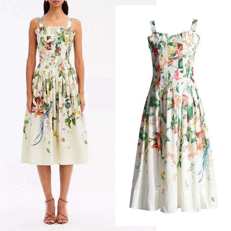 Ladies Floral Print Pleated Midi Dress SKX4116 - SWEETKAMA