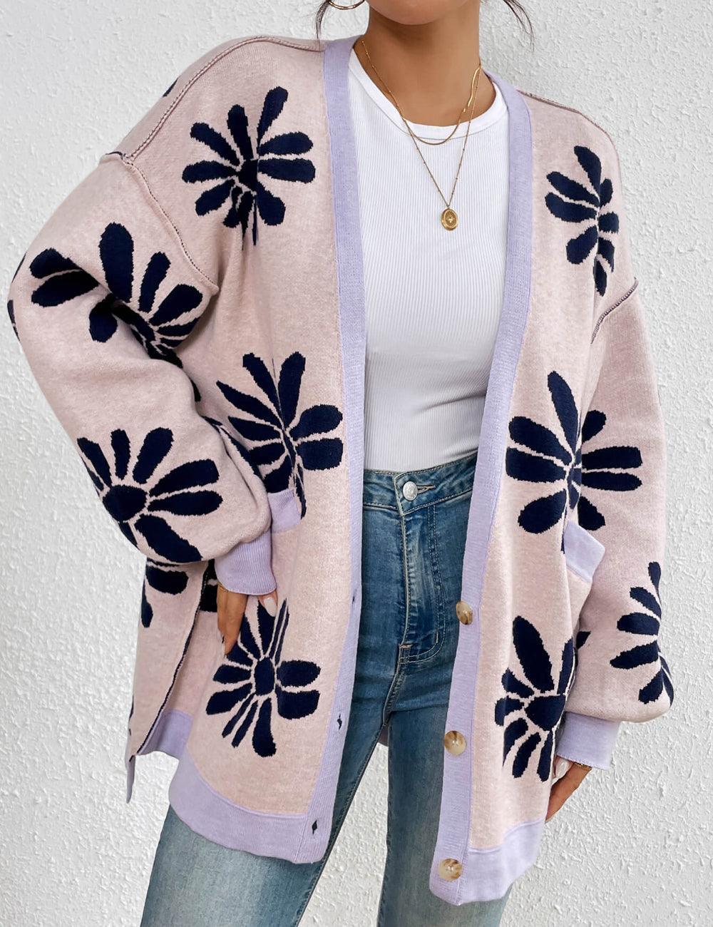 Ladies Floral Print V Neck Knit Cardigan E2393 - SWEETKAMA