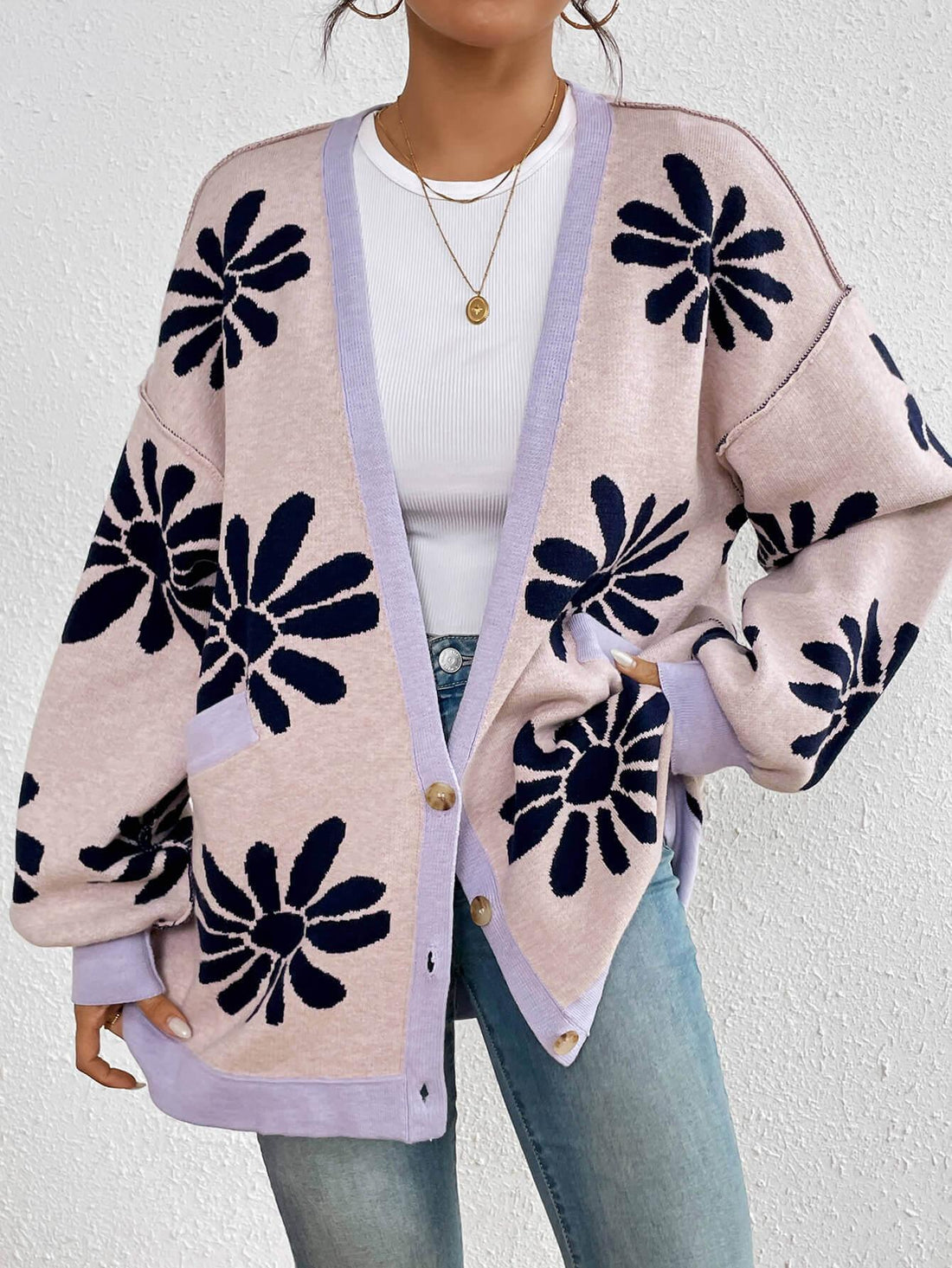 Ladies Floral Print V Neck Knit Cardigan E2393 - SWEETKAMA