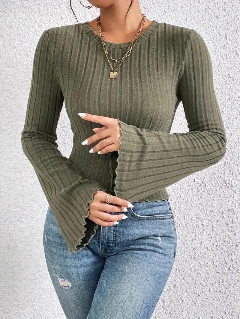 Ladies Flounce Sleeves Crew Neck Knit Tee G1021 - SWEETKAMA