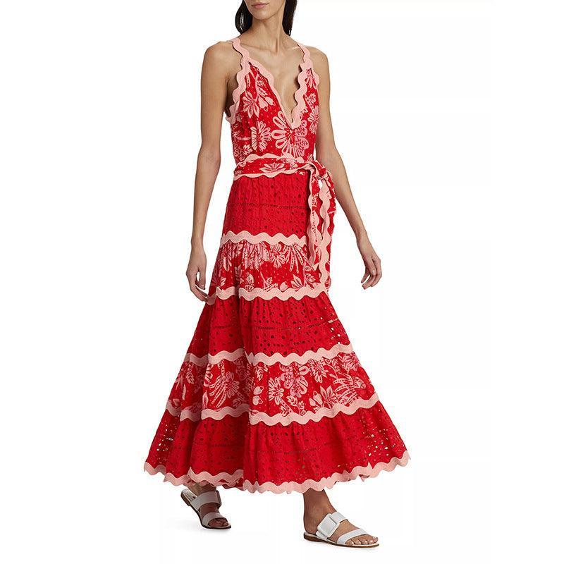 Ladies Flowerful Birds Red Maxi Dress SKX6857 - SWEETKAMA