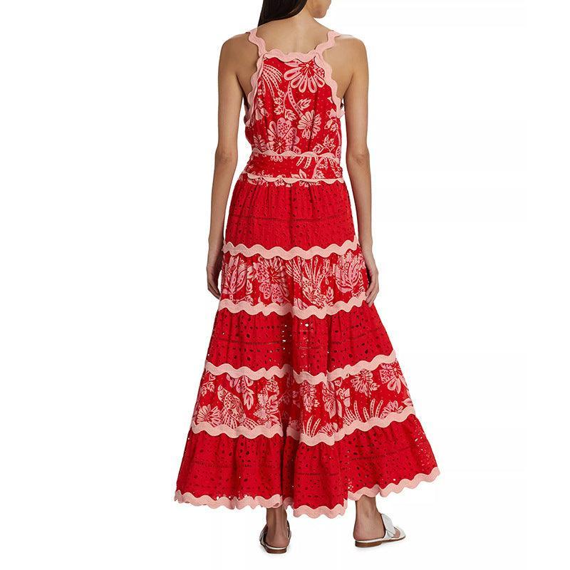 Ladies Flowerful Birds Red Maxi Dress SKX6857 - SWEETKAMA