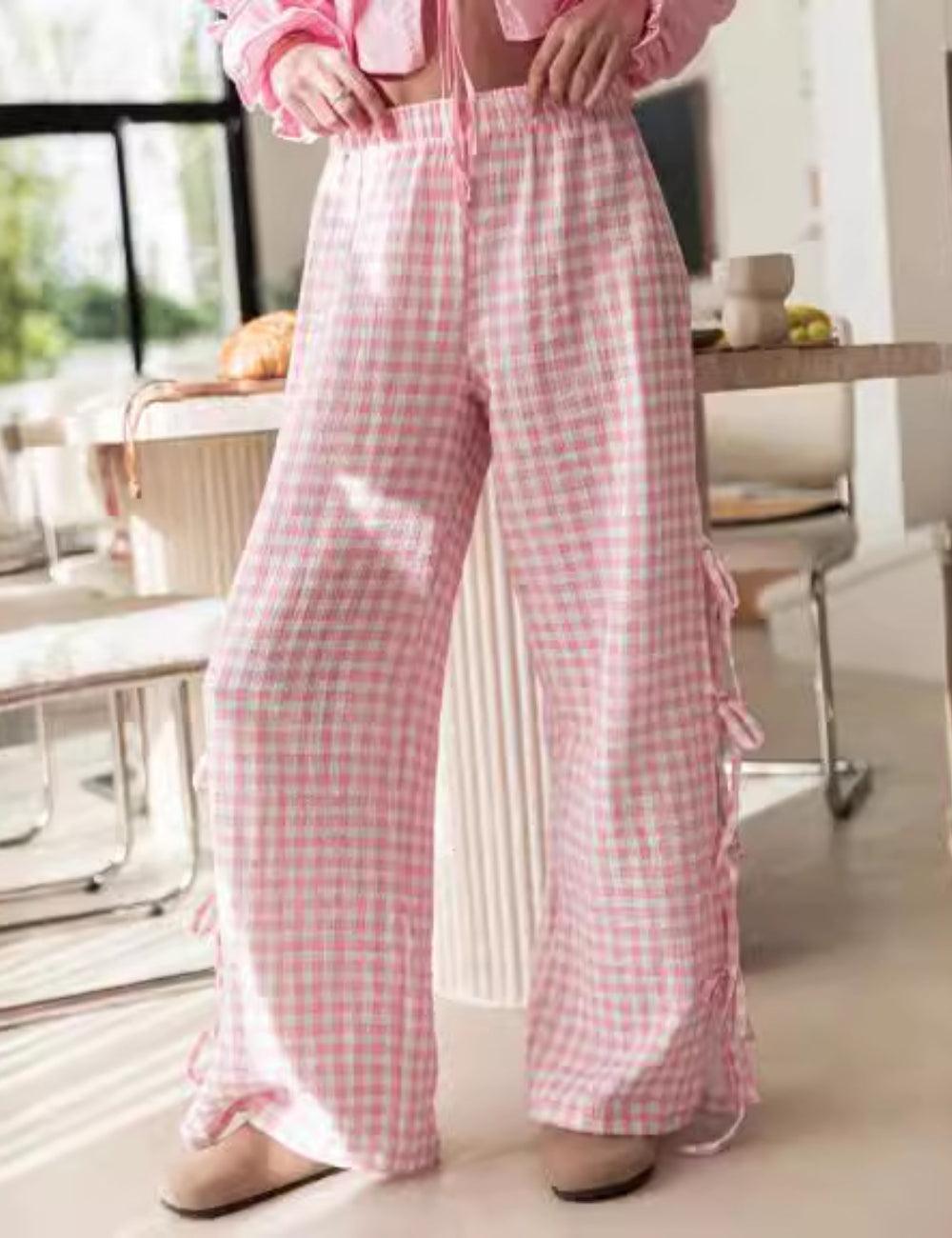 Ladies Gingham Elastic Waist Wide Leg Pants 60052 - SWEETKAMA