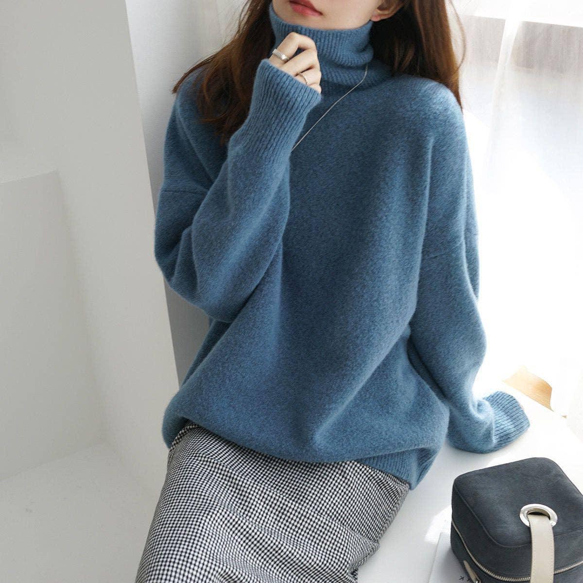 Ladies High Collar Solid Color Loose Sweater 36490 - SWEETKAMA