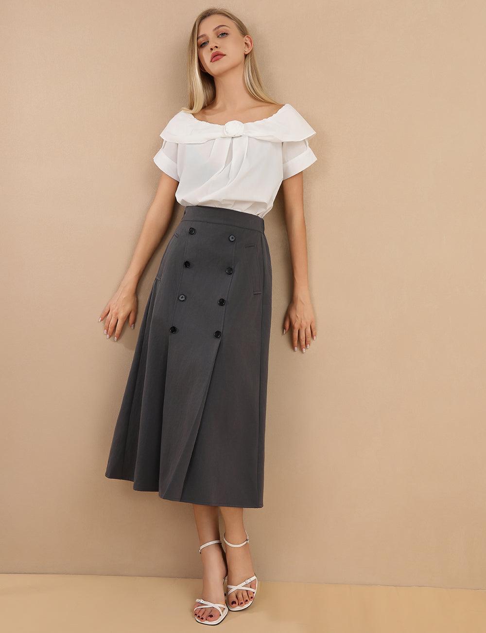 Ladies High Waist Pocket Pleated Midi Skirt SKS435 - SWEETKAMA