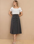 Ladies High Waist Pocket Pleated Midi Skirt SKS435 - SWEETKAMA