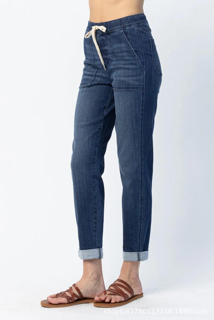 Ladies High Waisted Drawstring Jeans 5555 - SWEETKAMA