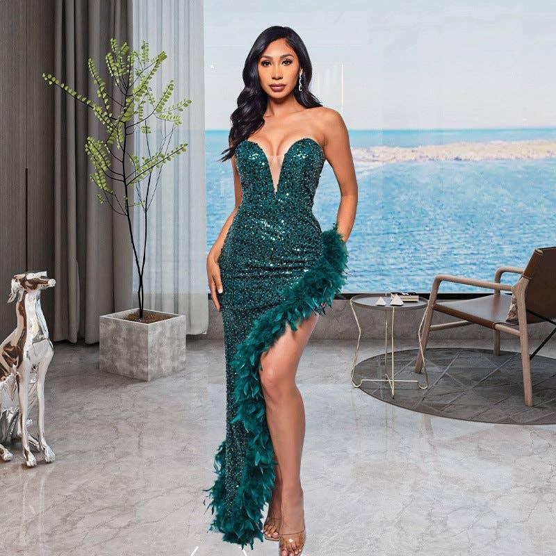 Ladies Irregular Strapless Backless Sequined Dress R9154 - SWEETKAMA