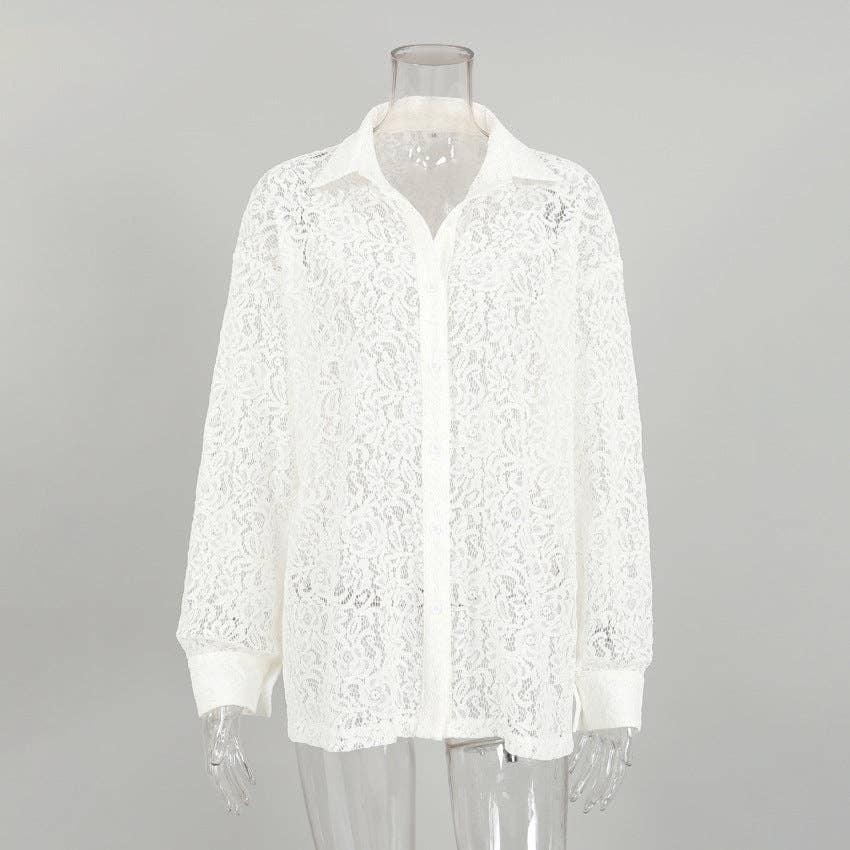 Ladies Lace See Through Ladies Botton Down Shirt CY1358 - SWEETKAMA