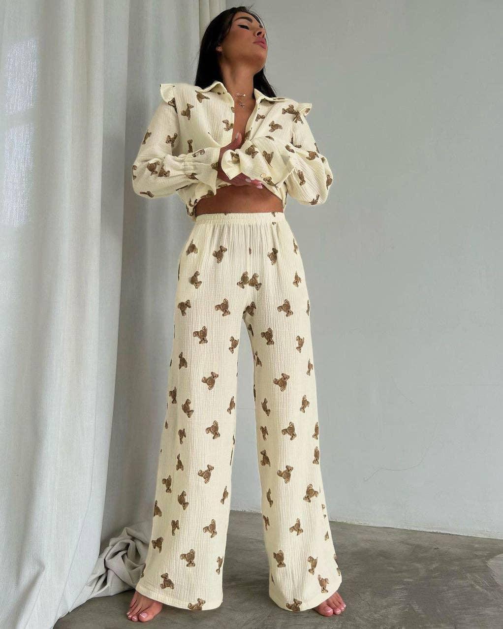 Ladies Lapel Bear Print Top Pants 2PCS Set 2SYCK3302B - SWEETKAMA