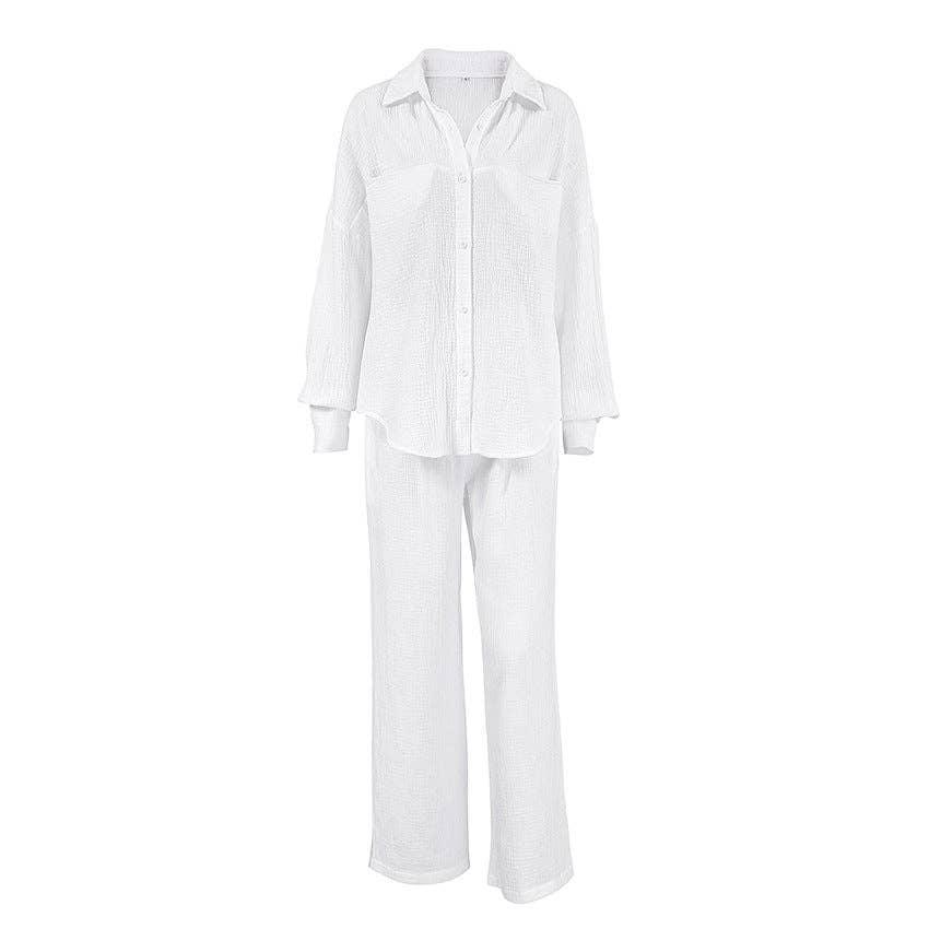 Ladies Lapel Shirt with Pants 2PCS Daily Set 2SYCK1507B - SWEETKAMA