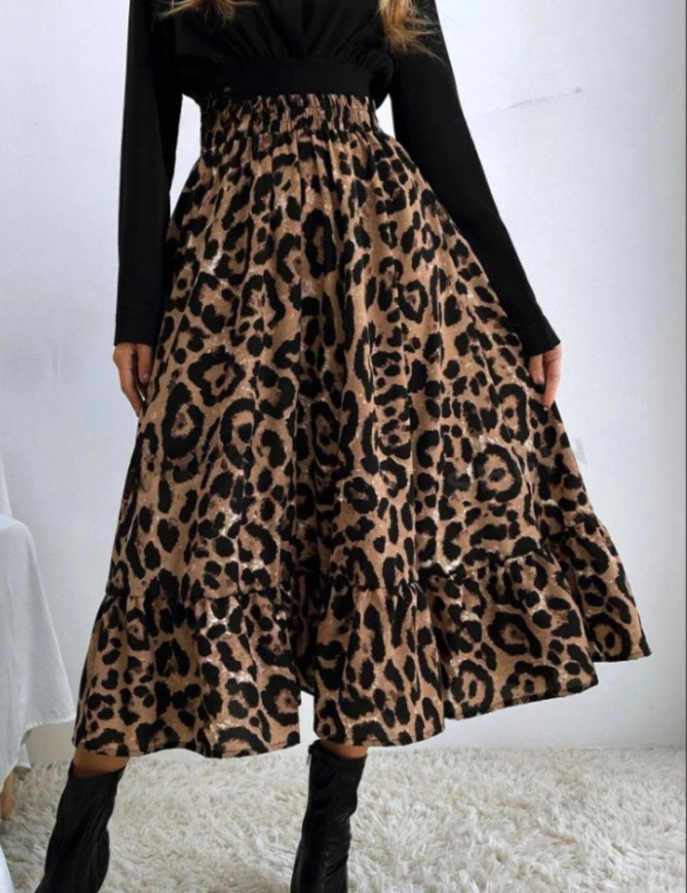 Ladies Leopard Print Ruffle Hem Midi Skirt GG009 - SWEETKAMA