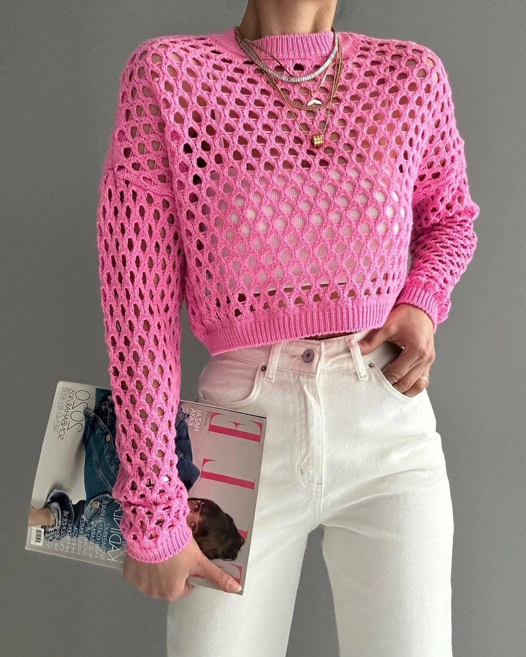 Ladies Long Sleeves Hollow Out Daily Knit Blouse MY8003 - SWEETKAMA