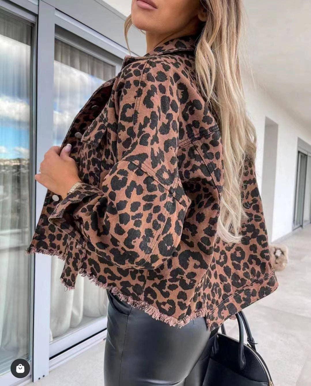 Ladies Long Sleeves Leopard Print Daily Denim Jacket 005266 - SWEETKAMA