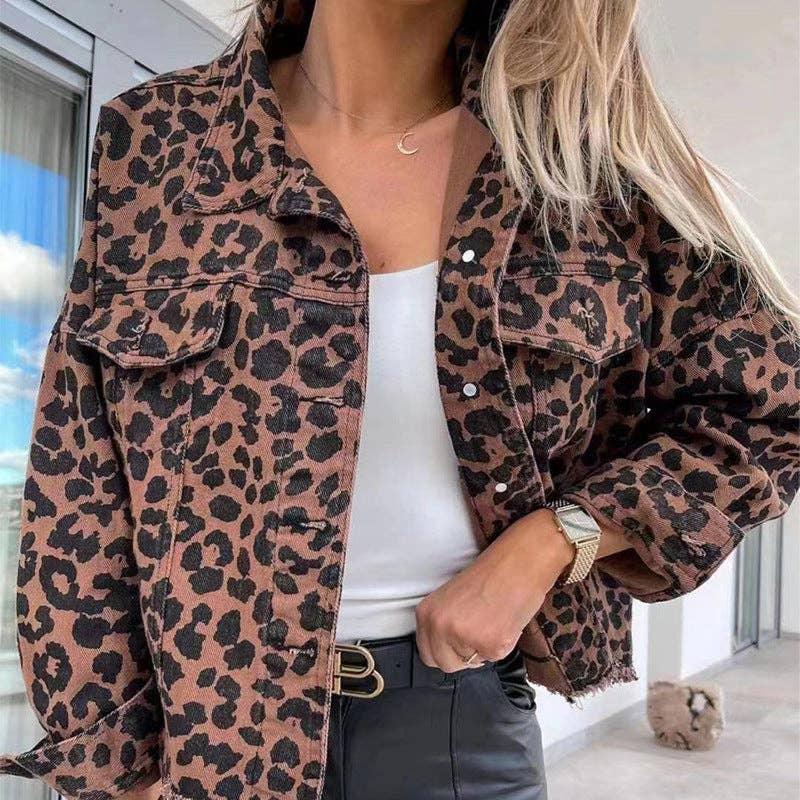 Ladies Long Sleeves Leopard Print Daily Denim Jacket 005266 - SWEETKAMA