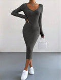 Ladies Long Sleeves Ribbed Knit Dress T2028 - SWEETKAMA