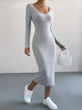 Ladies Long Sleeves Ribbed Knit Dress T2028 - SWEETKAMA