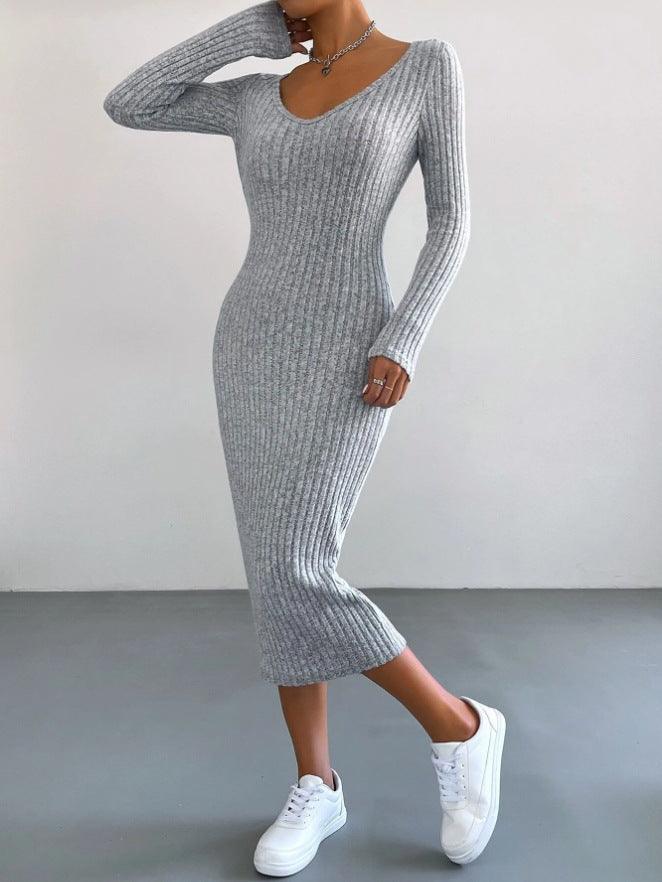 Ladies Long Sleeves Ribbed Knit Dress T2028 - SWEETKAMA