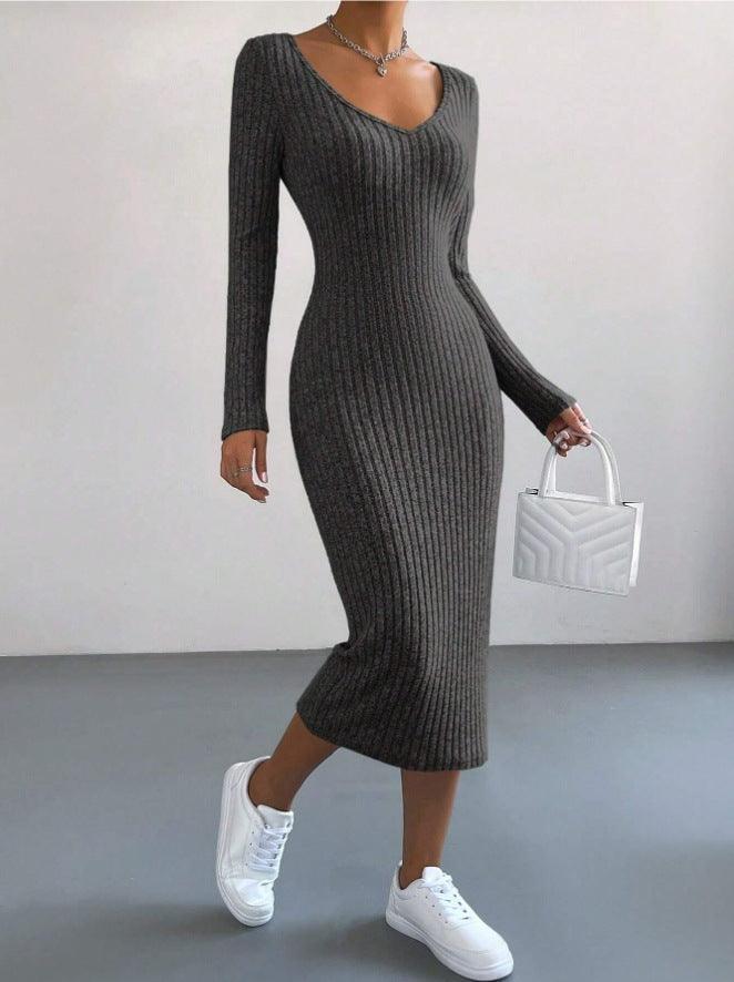 Ladies Long Sleeves Ribbed Knit Dress T2028 - SWEETKAMA