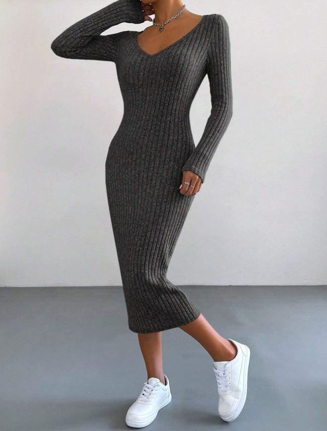 Ladies Long Sleeves Ribbed Knit Dress T2028 - SWEETKAMA