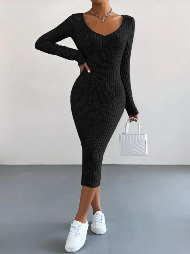 Ladies Long Sleeves Ribbed Knit Dress T2028 - SWEETKAMA