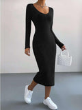 Ladies Long Sleeves Ribbed Knit Dress T2028 - SWEETKAMA