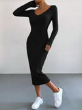 Ladies Long Sleeves Ribbed Knit Dress T2028 - SWEETKAMA