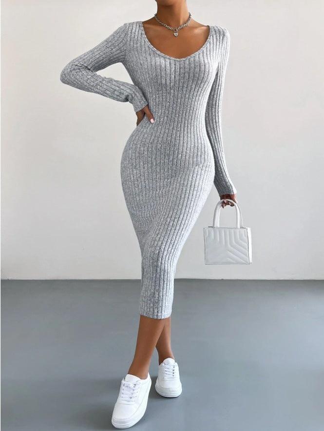 Ladies Long Sleeves Ribbed Knit Dress T2028 - SWEETKAMA