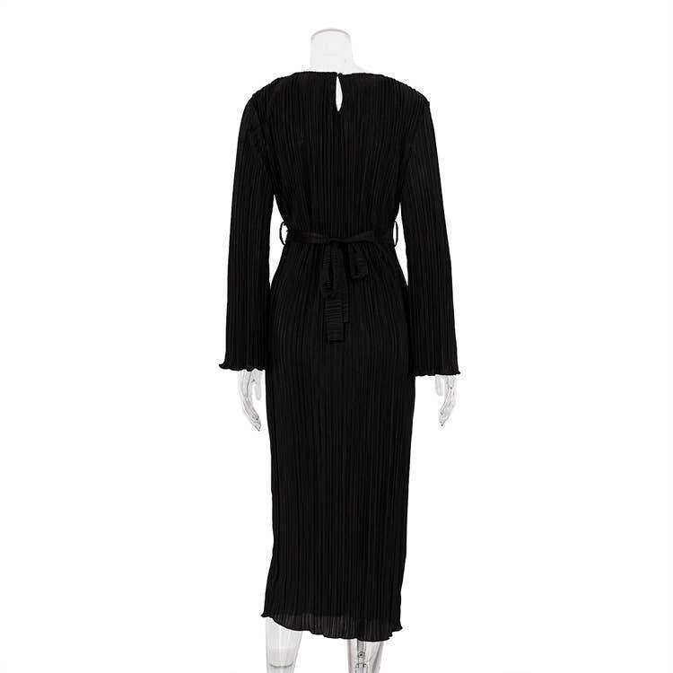 Ladies Long Sleeves Wrinkle Casual Midi Dress LYQ12155T - SWEETKAMA