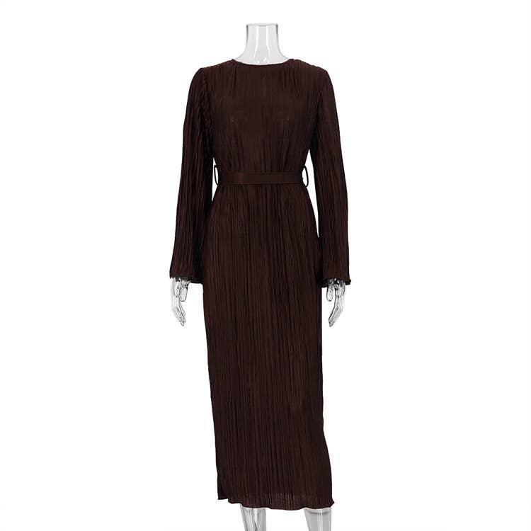 Ladies Long Sleeves Wrinkle Casual Midi Dress LYQ12155T - SWEETKAMA