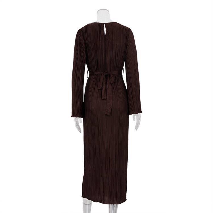 Ladies Long Sleeves Wrinkle Casual Midi Dress LYQ12155T - SWEETKAMA