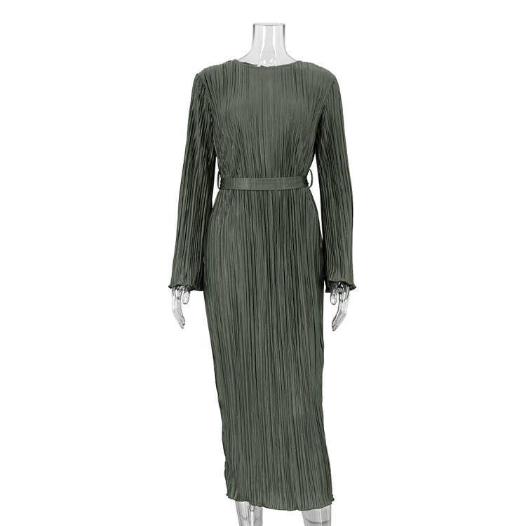 Ladies Long Sleeves Wrinkle Casual Midi Dress LYQ12155T - SWEETKAMA