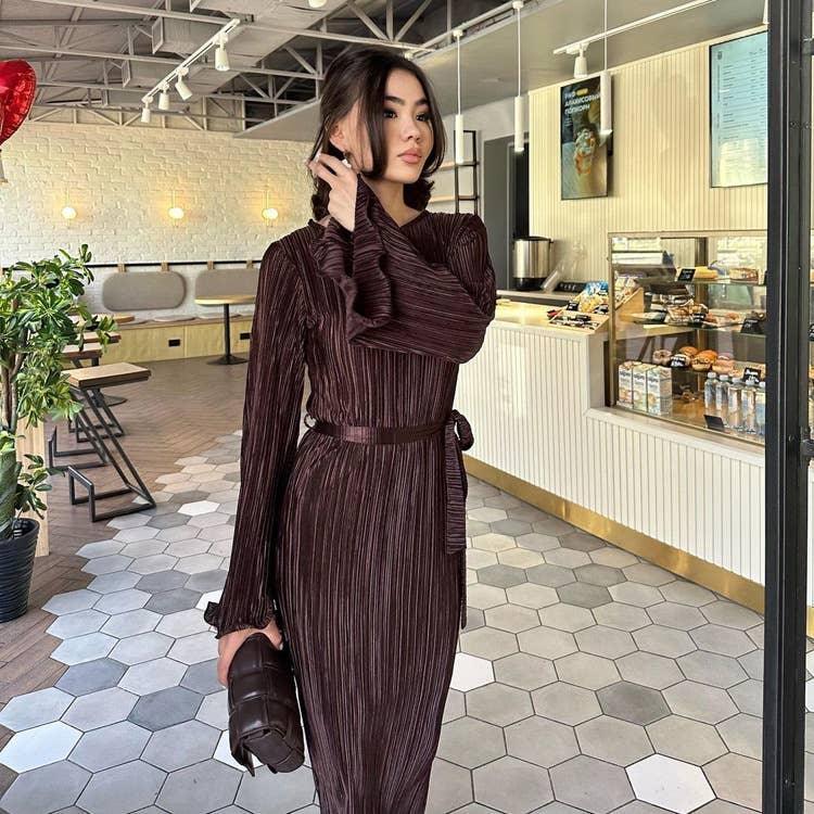 Ladies Long Sleeves Wrinkle Casual Midi Dress LYQ12155T - SWEETKAMA