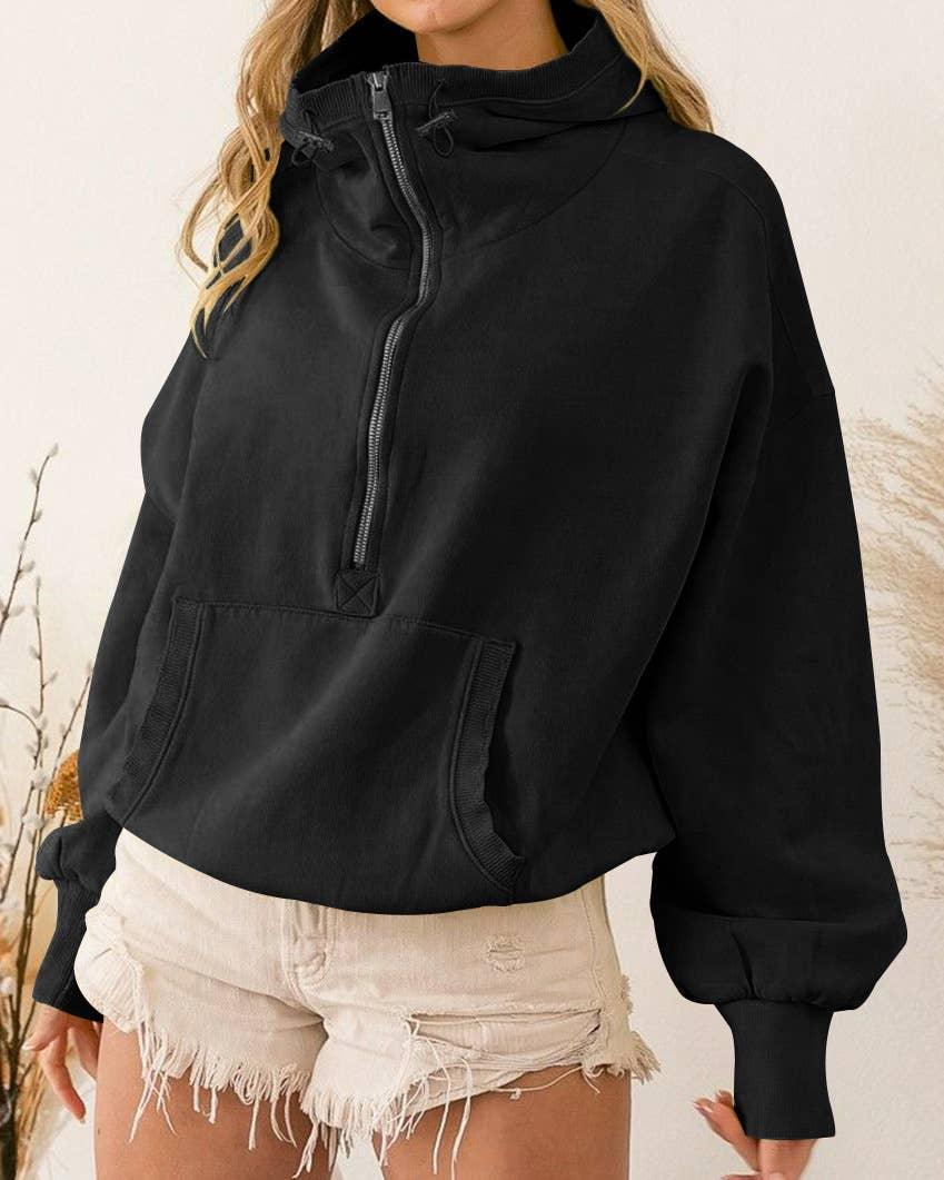 Ladies Long Sleeves Zip Collar Pocket Hoodie EWQD - SWEETKAMA